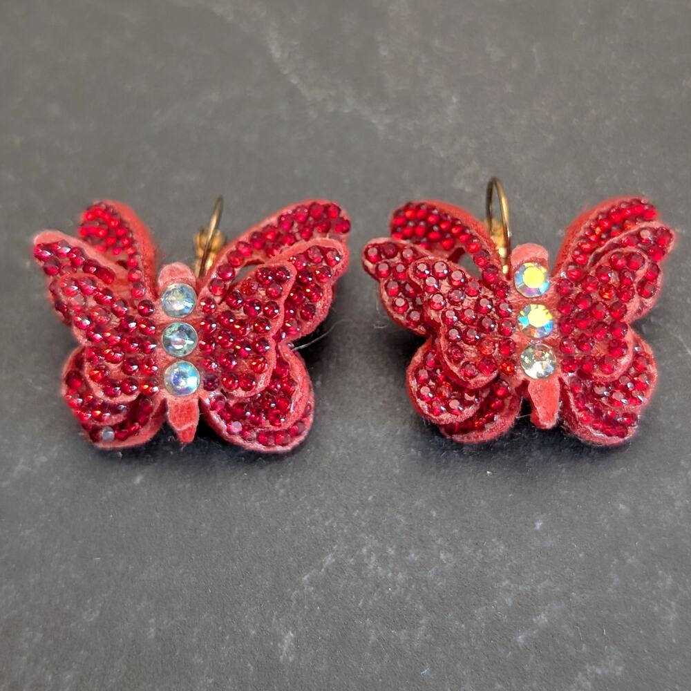 Vintage Stud Earrings Very Large 3D Butterfly Red Lightweight - Fair Condition